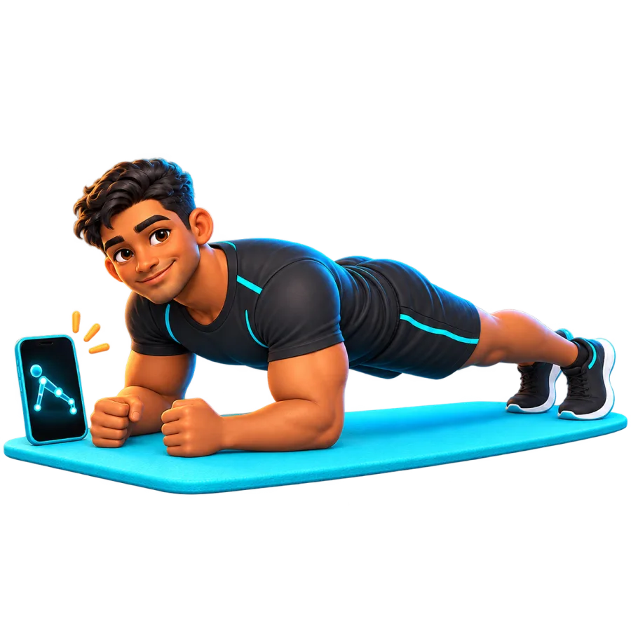 The character holding a forearm plank while the phone tracks their pose