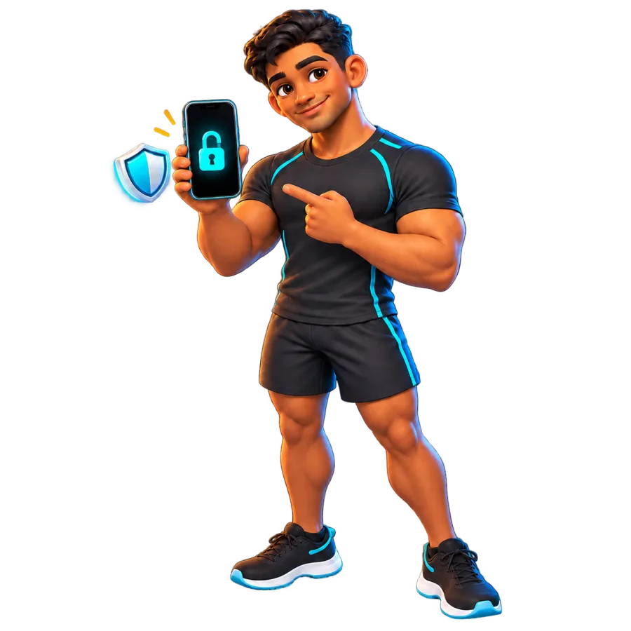 The 2minsplank character holding a phone that shows a locked app