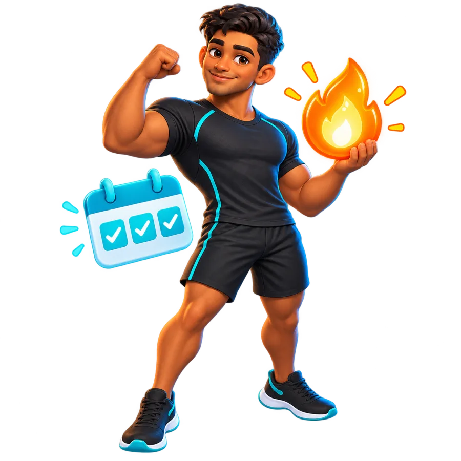 The 2minsplank character holding a streak flame beside a calendar of completed days