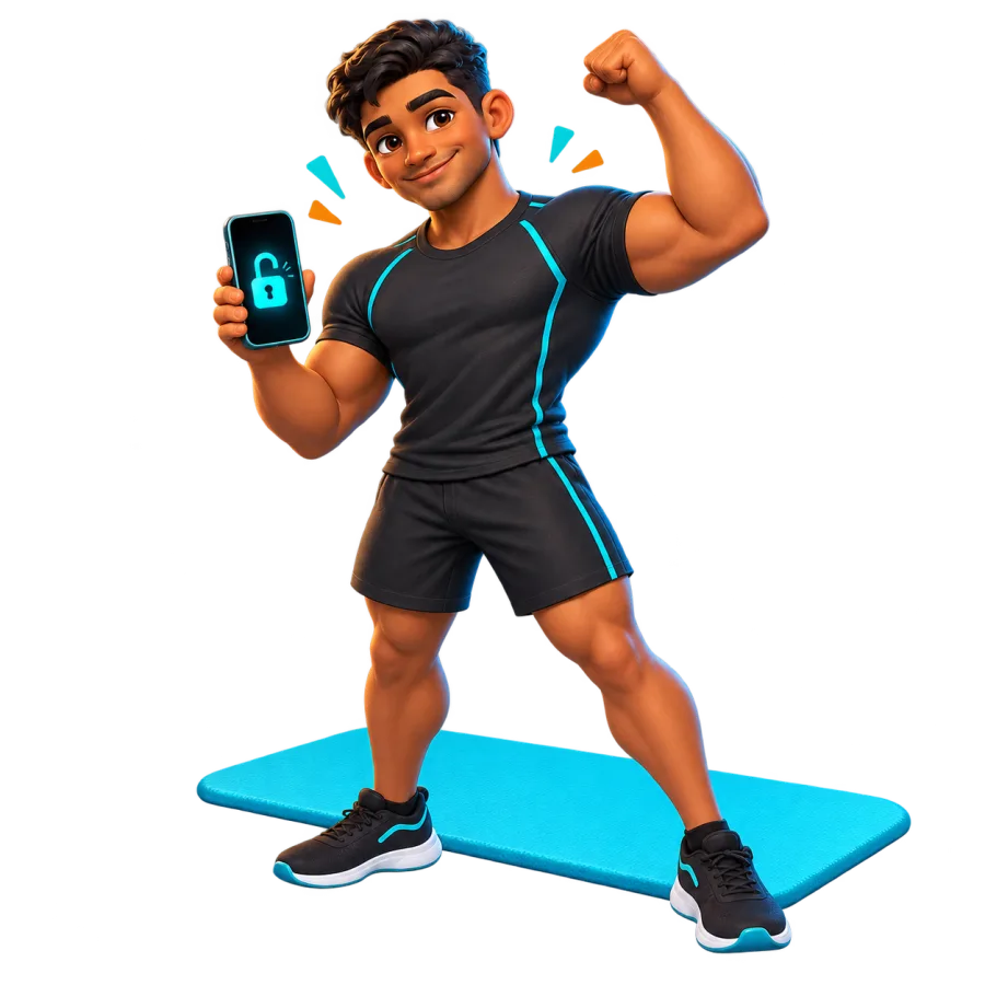 The character flexing after unlocking their phone
